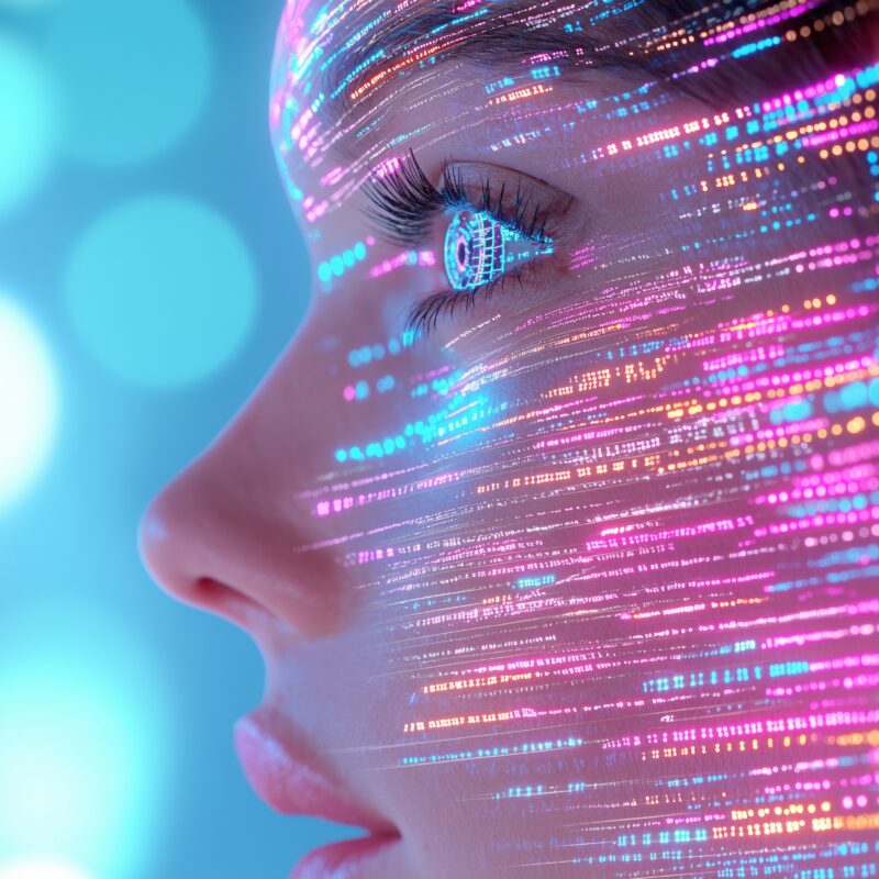 a futuristic digital artwork showcasing a close up profile of a woman’s face with glowing cybernetic enhancements. her eyes emit a bright blue glow, and holographic data streams flow across her skin