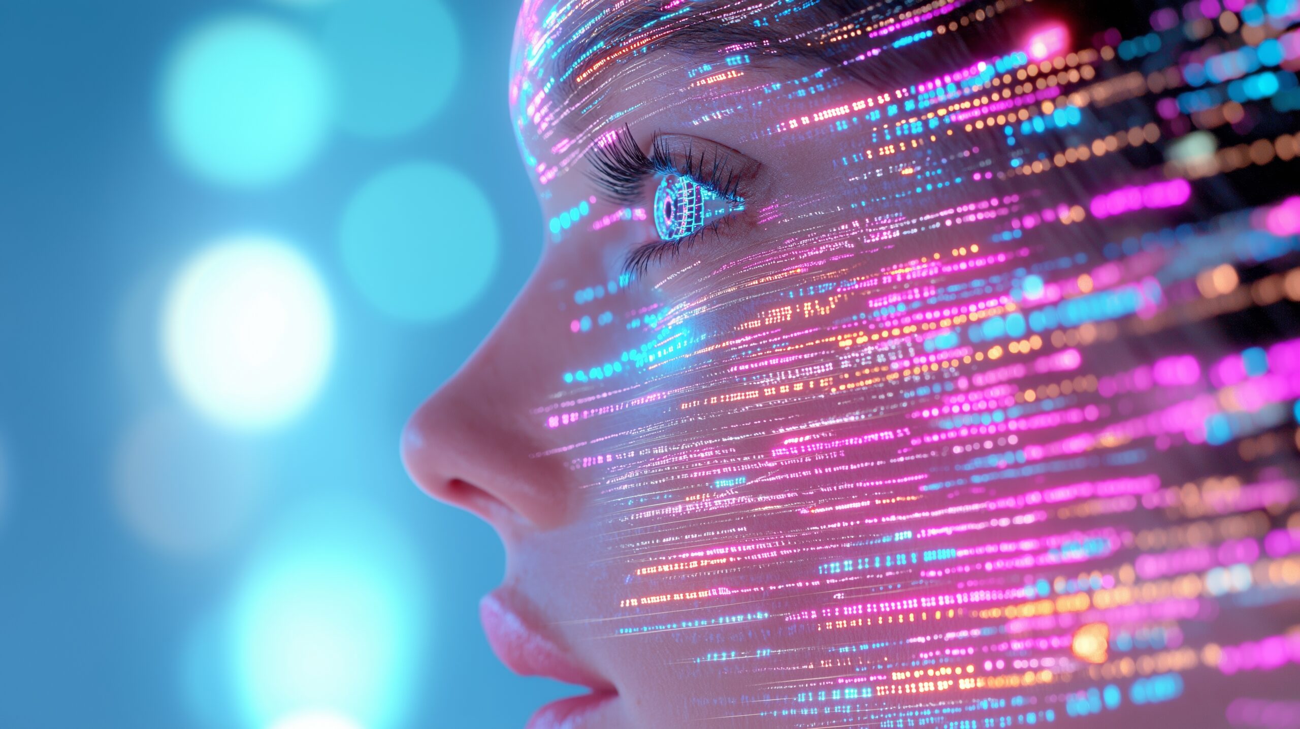 a futuristic digital artwork showcasing a close up profile of a woman’s face with glowing cybernetic enhancements. her eyes emit a bright blue glow, and holographic data streams flow across her skin